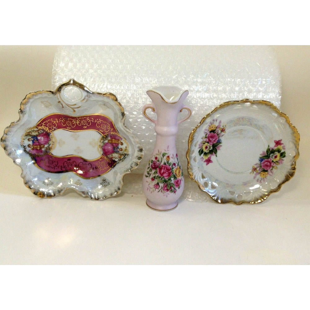 (3) Vintage Japanese hand painted Collectables Lefton Vase, Arnart Candy Dish +